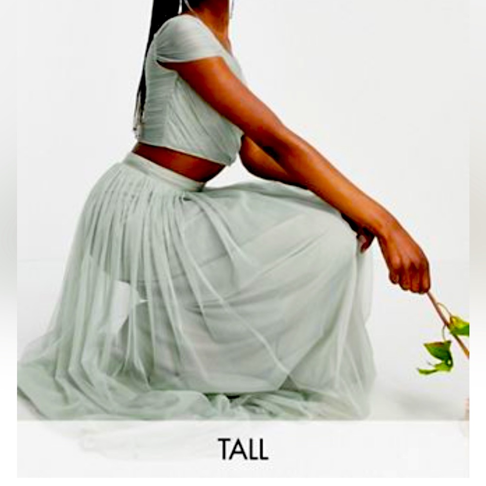 TALL bridesmaid tulle sage maxi skirt and off the shoulder crop top
